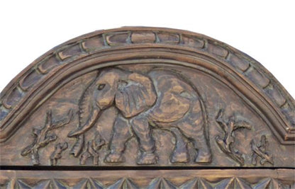 Safari Crest Gun Display Cabinet with Built-In Rack | Hand-Carved Elephant Motif | Glass Front