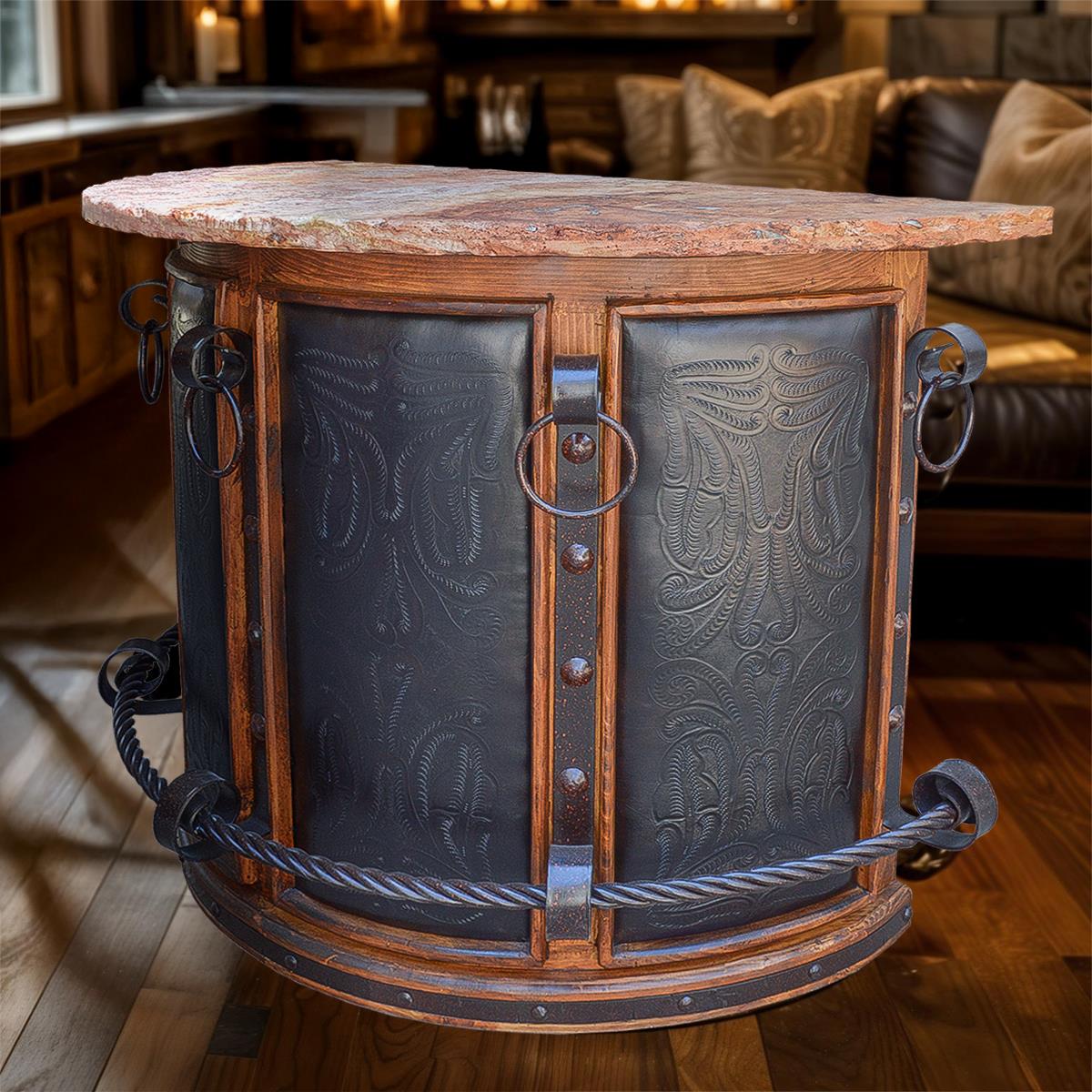 Sierra Stone Half-Round Curved Home Bar with Forged Iron Accents & Leather Panels