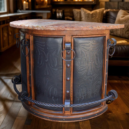 Sierra Stone Half-Round Curved Home Bar with Forged Iron Accents & Leather Panels