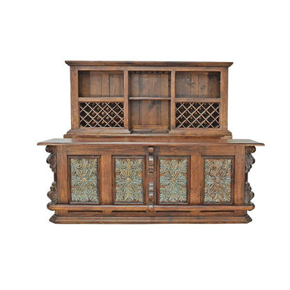 Castillo Hacienda 2-Piece Bar & Hutch Set | Turquoise Carved Panels | FREE Full Service Delivery