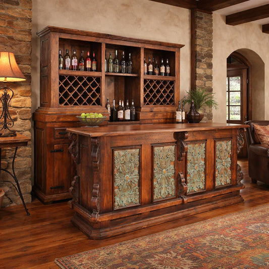 Castillo Hacienda 2-Piece Bar & Hutch Set | Turquoise Carved Panels