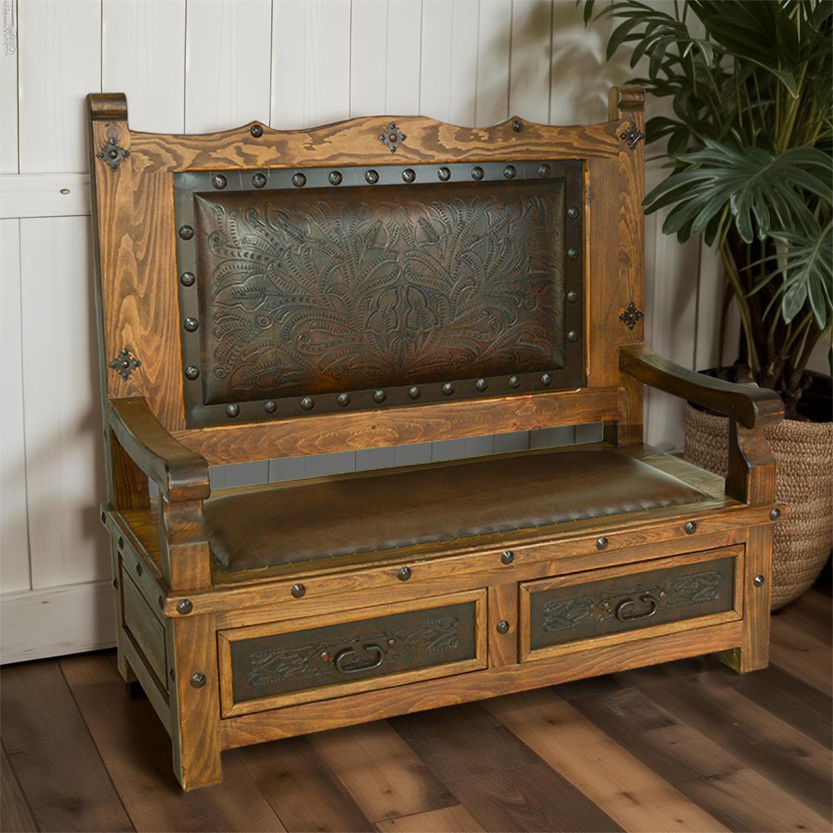 South Hill Tooled Leather Bench With Drawers