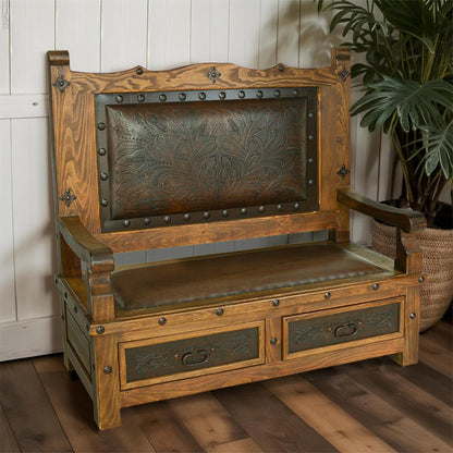 South Hill Tooled Leather Bench With Drawers