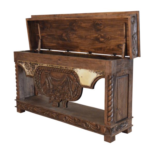Wild Spring Lift Top Console with Carved Saddle and Cowhide