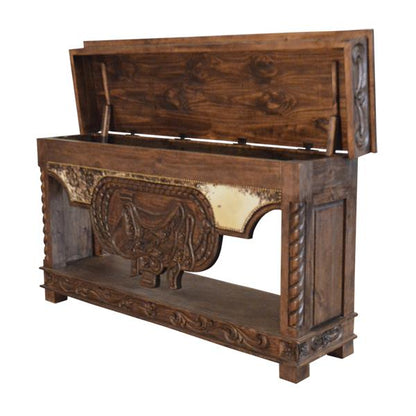 Wild Spring Lift Top Console with Carved Saddle and Cowhide