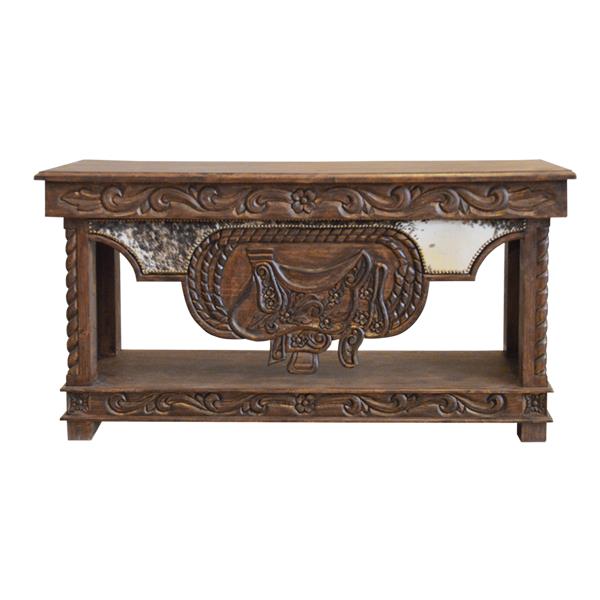 Wild Spring Lift Top Console with Carved Saddle and Cowhide
