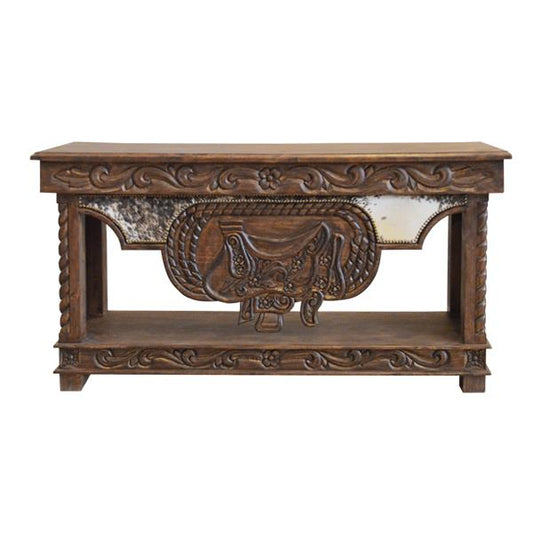 Wild Spring Lift Top Console with Carved Saddle and Cowhide
