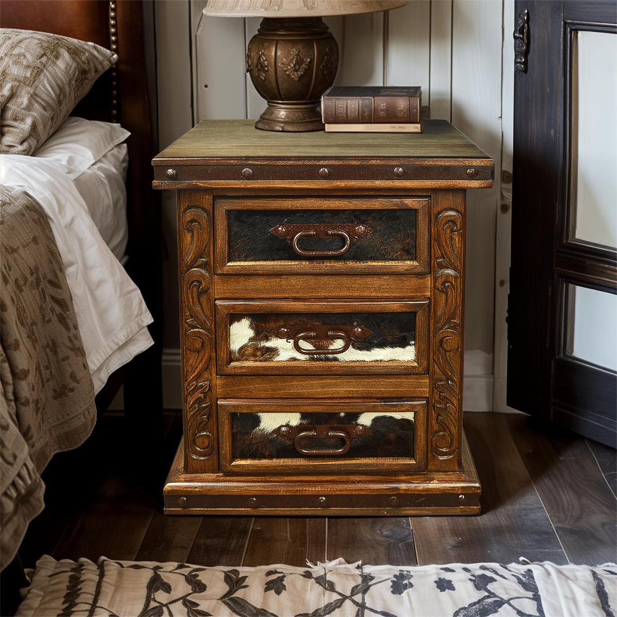 Green Hill Nightstand With Cowhide