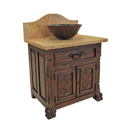 Rocky Hill Stone Top, Hand-Carved Chilean Pine Vanity With Vessel Sink