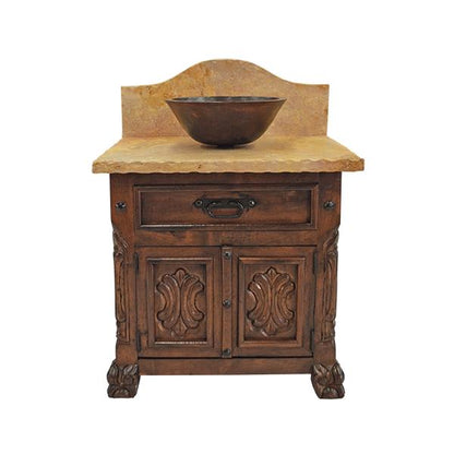 Rocky Hill Stone Top, Hand-Carved Chilean Pine Vanity With Vessel Sink