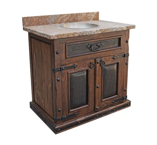 Red Bluff Stone Top Hand-Carved Vanity With Sink, Leather Panels