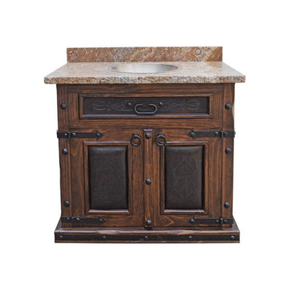 Red Bluff Stone Top Hand-Carved Vanity With Sink, Leather Panels