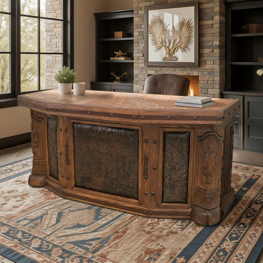 Grande Ridge Executive Desk | Solid Wood, Stone Slab Top, Tooled Leather Panels