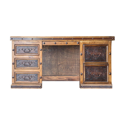 Grande Ridge Executive Desk | Solid Wood, Stone Slab Top, Tooled Leather Panels