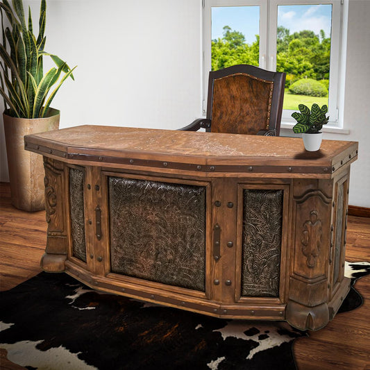 Grande Ridge Executive Desk | Solid Wood, Stone Slab Top, Tooled Leather Panels