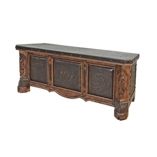 Whisper Ridge Executive Desk | Hand-Carved Solid Wood, Tooled Leather Top and Panels