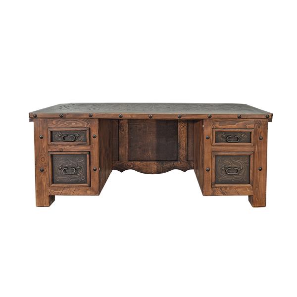 Whisper Ridge Executive Desk | Hand-Carved Solid Wood, Tooled Leather Top and Panels