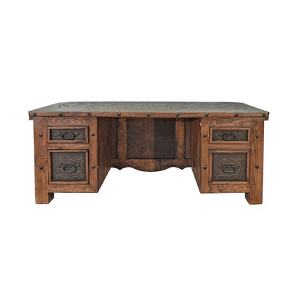 Whisper Ridge Executive Desk | Hand-Carved Solid Wood, Tooled Leather Top and Panels