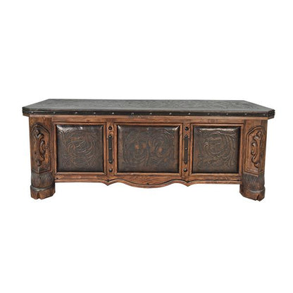 Whisper Ridge Executive Desk | Hand-Carved Solid Wood, Tooled Leather Top and Panels