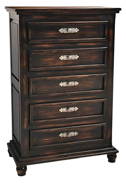 Night Moon Chest of Drawers, Distressed Black Hand-Carved Wood