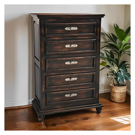 Night Moon Chest of Drawers, Distressed Black Hand-Carved Wood