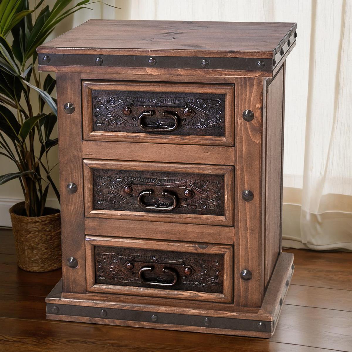 Canyon Charm Rustic Walnut Wood Bedroom Set, Hand-carved, Iron, Leather - Includes Full Service Delivery