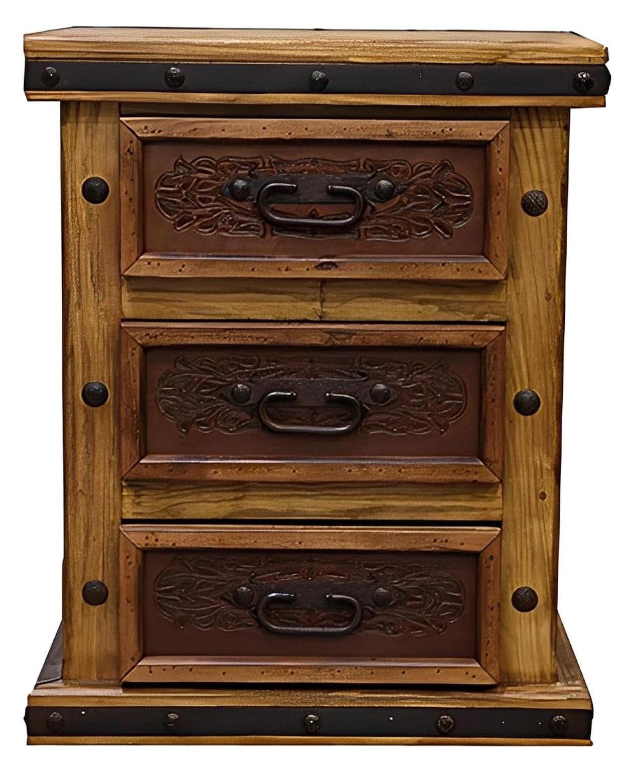 Canyon Charm 3-Drawer Nightstand With Tooled Leather