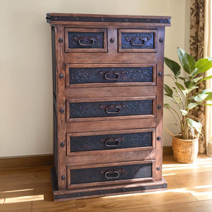 Canyon Charm Rustic Walnut Wood Bedroom Set, Hand-carved, Iron, Leather - Includes Full Service Delivery