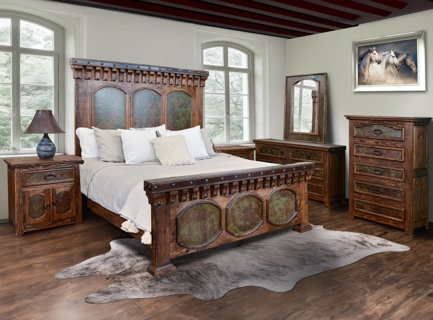 El Jefe Western Rustic Solid Wood Bed With Green Copper Inlays - Includes Full Service Delivery