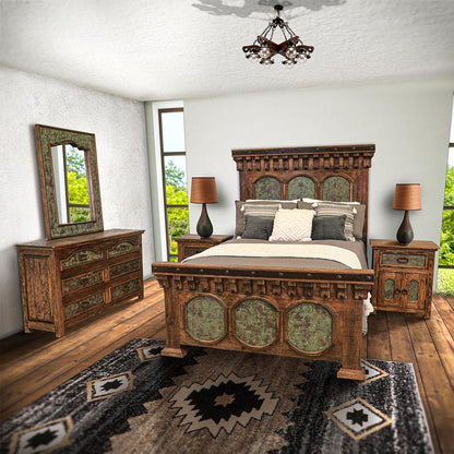 El Jefe Western Rustic Solid Wood Bed With Green Copper Inlays - Includes Full Service Delivery