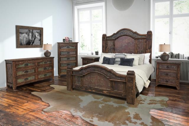 Durango Southwestern Rustic Bedroom Set with Walnut Hand-Carved Wood & Copper Panels - Includes Full Service Delivery
