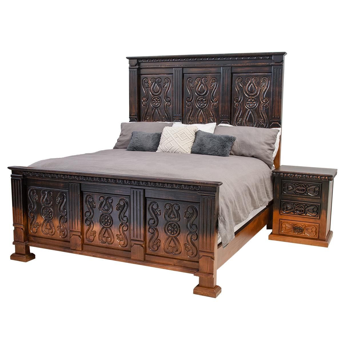 Coyote Canyon Rustic Bed Frame In Dark Carved Wood That Blends to Natural - Optional Nightstands - Includes Full Service Delivery