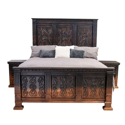 Coyote Canyon Rustic Bed Frame In Dark Carved Wood That Blends to Natural - Optional Nightstands - Includes Full Service Delivery