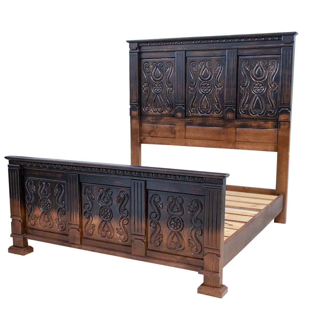 Coyote Canyon Rustic Bed Frame In Dark Carved Wood That Blends to Natural - Optional Nightstands - Includes Full Service Delivery