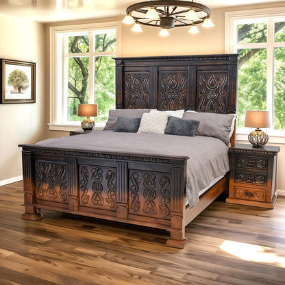 Coyote Canyon Rustic Bed Frame In Dark Carved Wood That Blends to Natural - Optional Nightstands - Includes Full Service Delivery