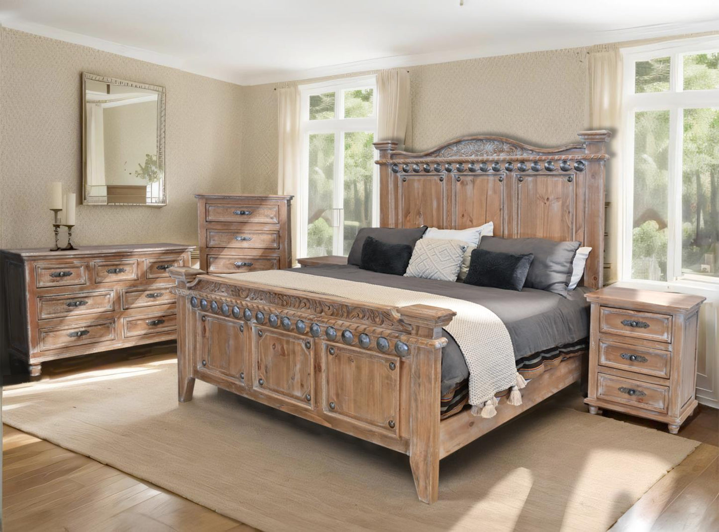 Sierra Mesa Rustic Oak Bed With Hand-Carved Headboard, Chic - Includes Full Service Delivery