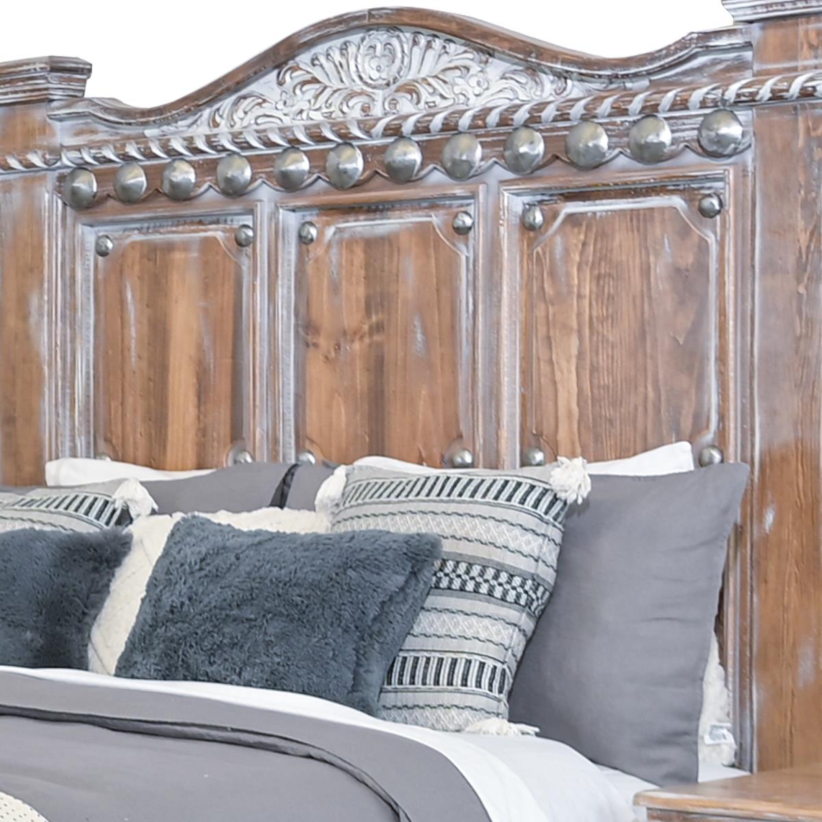 Sierra Mesa Rustic Oak Bed With Hand-Carved Headboard, Chic - Includes Full Service Delivery