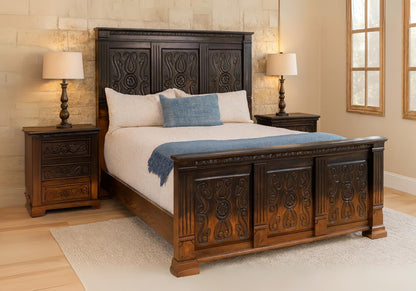 Coyote Canyon Rustic Bed Frame In Dark Carved Wood That Blends to Natural - Optional Nightstands - Includes Full Service Delivery