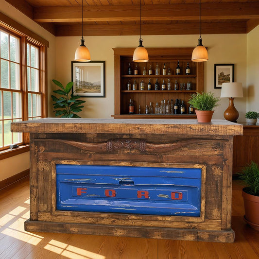 Motor City Wooden Home Bar with Hand-Carved Bull Horns and Built-in BLUE Ford Truck Tailgate 76"x24"x42", Rustic, Western
