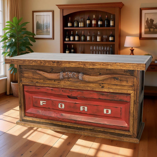 Motor City Wooden Home Bar with Hand-Carved Bull Horns and Built-in RED Ford Truck Tailgate 76"x24"x42", Rustic, Western