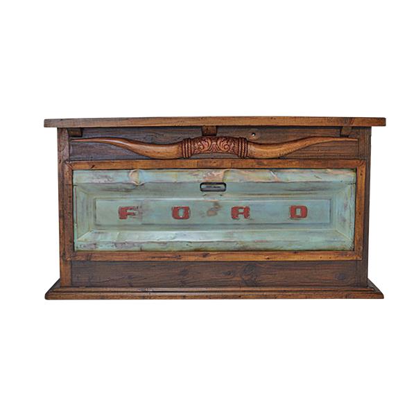 Motor City Wooden Home Bar with Hand-Carved Bull Horns and Built-in Ford Truck Tailgate 76"x24"x42", Rustic, Western