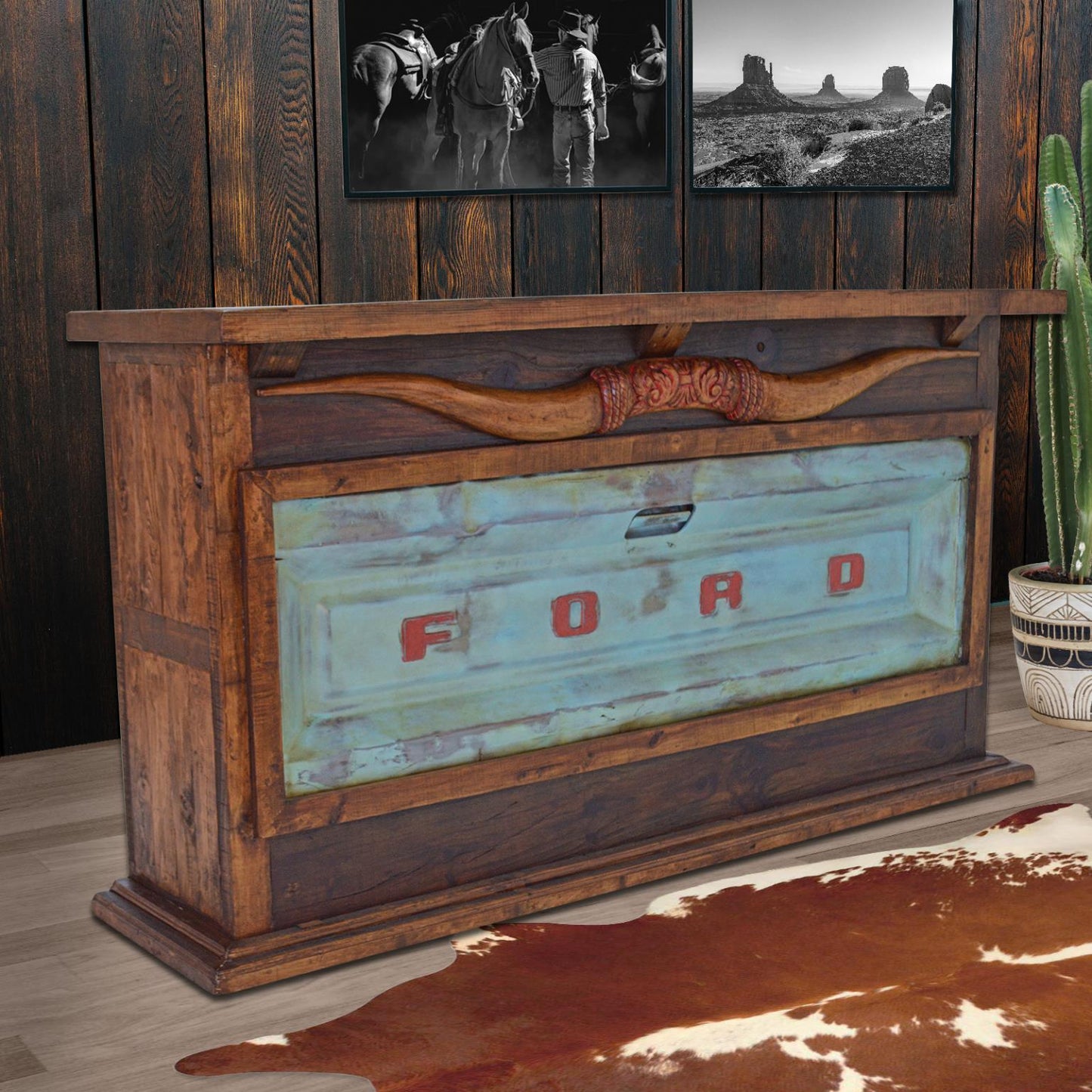 Motor City Wooden Home Bar with Hand-Carved Bull Horns and Built-in Ford Truck Tailgate 76"x24"x42", Rustic, Western