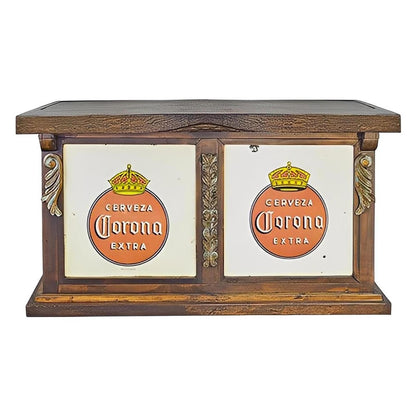 Rustic Home Bar with Vintage Corona Cerveza Panels & Distressed Wood Finish