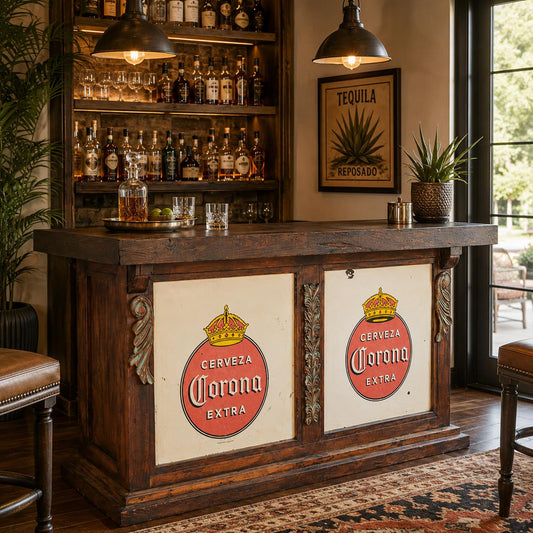 Rustic Home Bar with Vintage Corona Cerveza Panels & Distressed Wood Finish