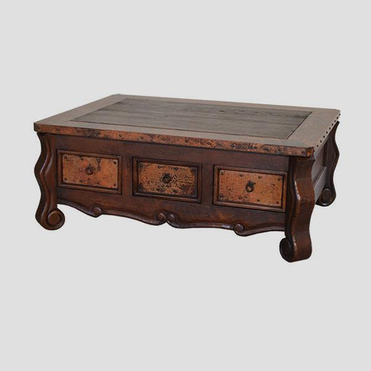 Colonial Elegance Wooden Coffee Table with Copper Trim & Storage | 23 x 37 x 53