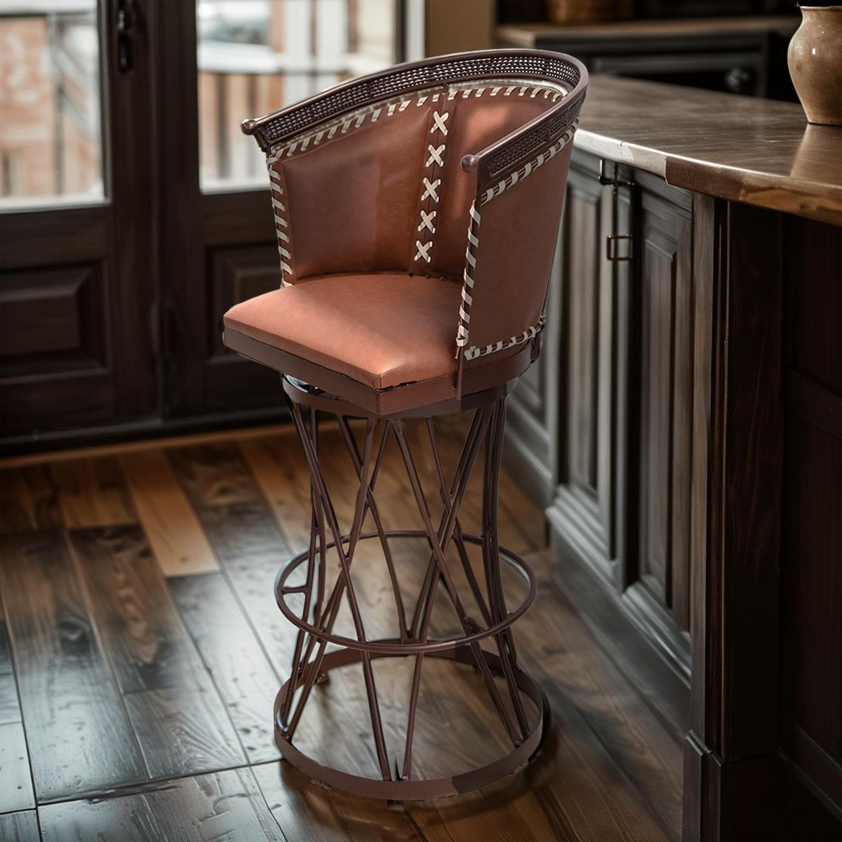 Brown Leather Swivel Barstool | Handcrafted with an Iron Base (2 or 3 Pack) | 30"