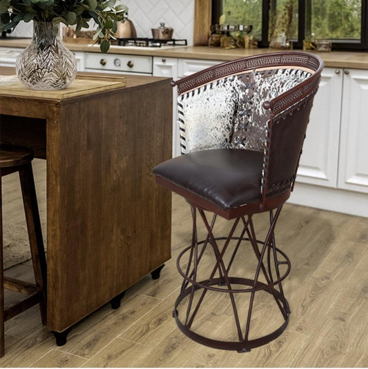 Cowhide & Leather Barrel Back Swivel Barstool w/ Solid Steel Construction (2 or 3 Pack) 28"