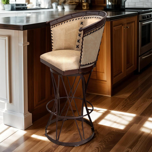 Cream Leather Swivel Barstool | Handcrafted with an Iron Base (2 or 3 Pack) | 30"