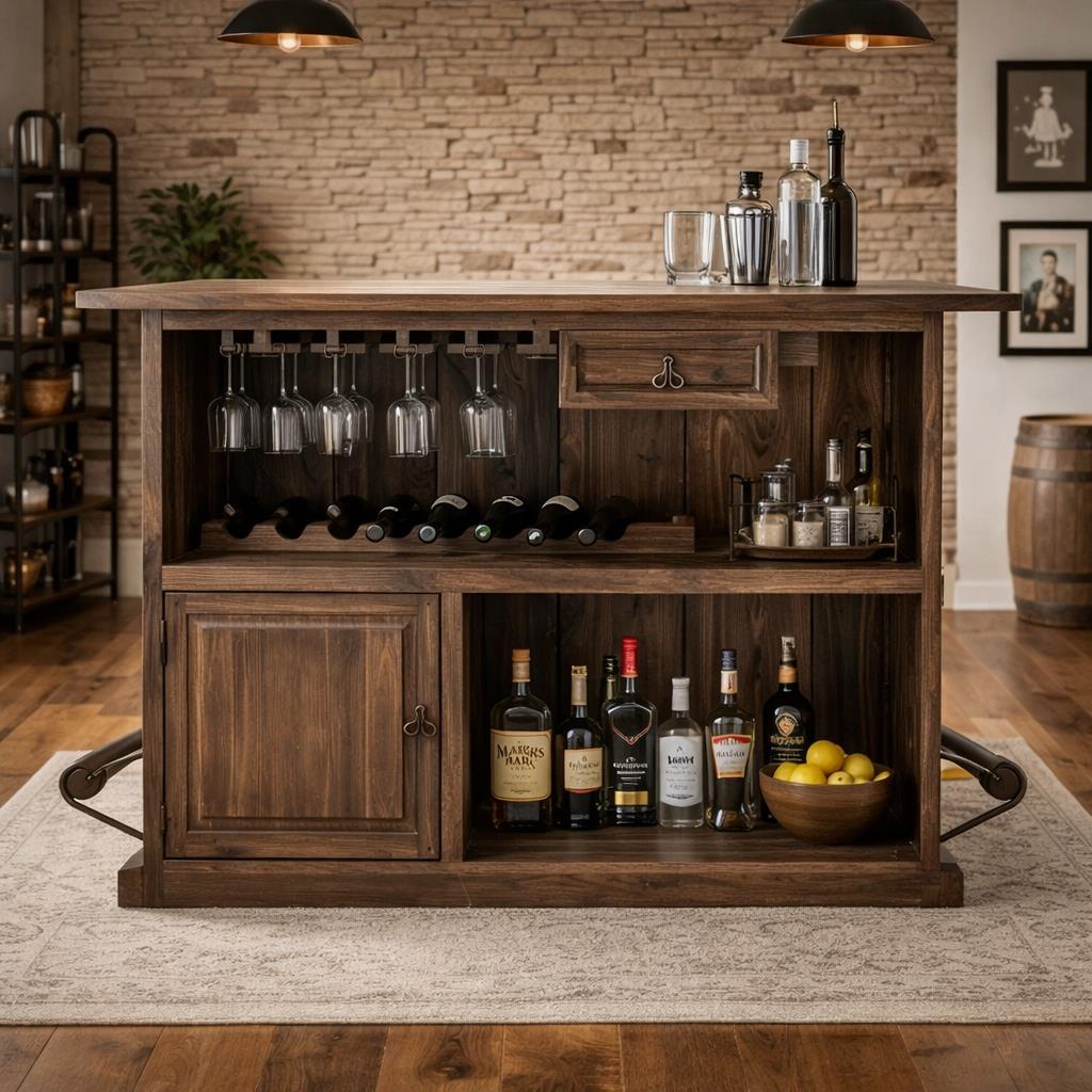 Curved Wooden Bar (Dark Finish) with a Foot Rail 63"x31"x42"