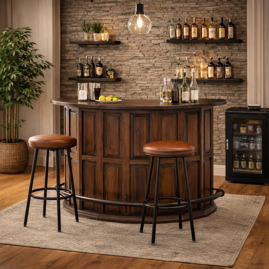 Curved Wooden Bar (Dark Finish) with a Foot Rail 63"x31"x42"